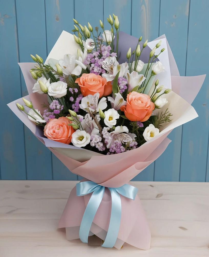 Букет цветов из: Лизиантусы, Розы, Альстромерии и Гипсофила в Павлищево