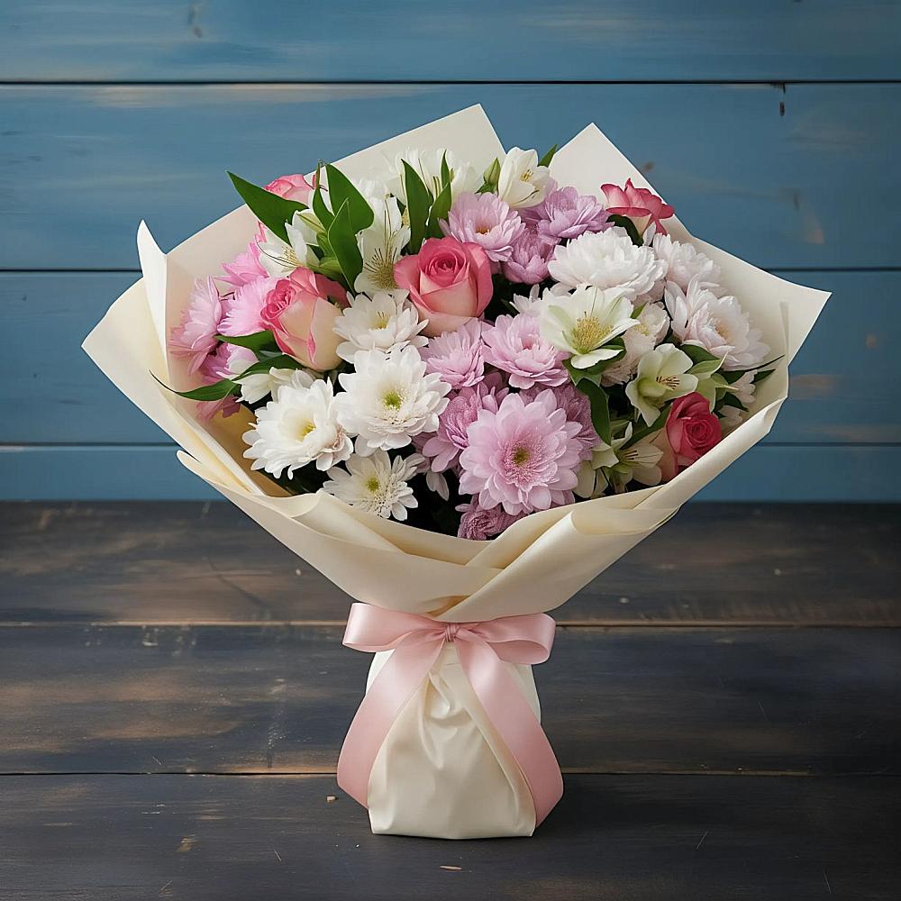 Букет цветов из: Хризантемы, Альстромерии и Розы в Павлищево